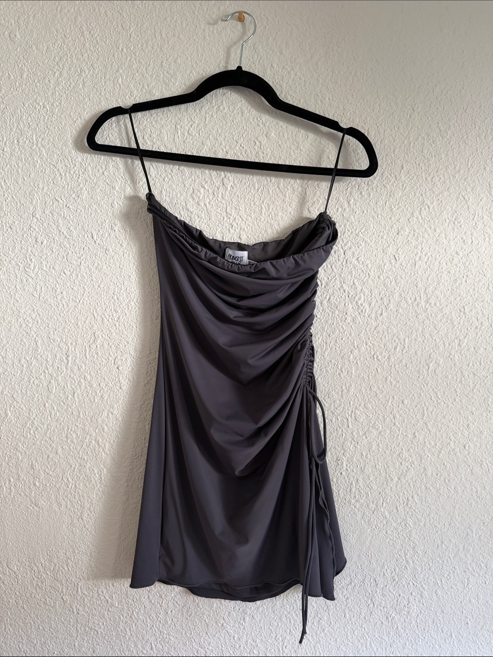 Silky Ruched Slip Dress in Charcoal Gray